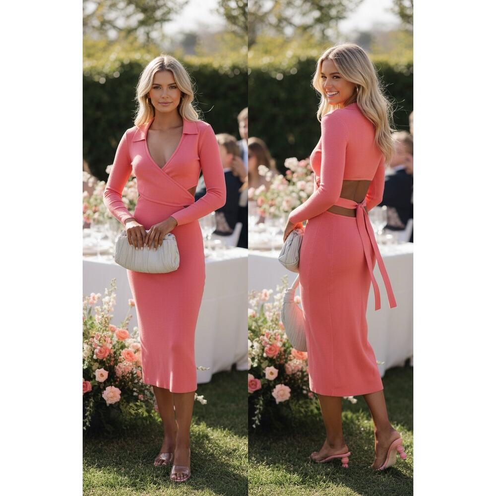 Cult Gaia Pink Cristina Knit Midi Dress Tie Back Cutout Long Sleeve S